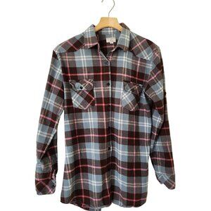 Matchstick Plaid Flannel Button-Up Shirt Blue Brown Pink Cabincore Woodsy Rustic